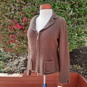 Peter Pan Collar Angora Wool Zip Pockets Cardigan Sweater Petite Brown NEW LP